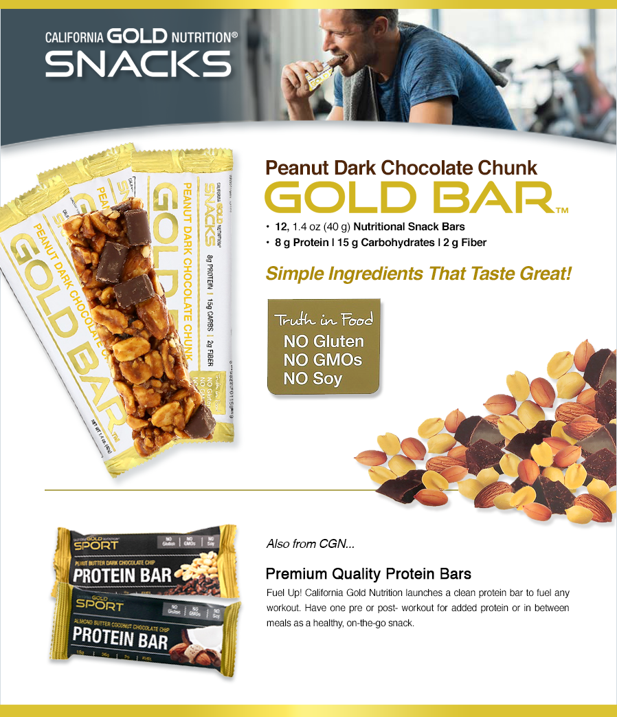 Amazon Com California Gold Nutrition Gold Bar Peanut Dark Chocolate Chunk 12 Bars 1 4 Oz 40 G Each Milk Free Egg Free Fish Free Gluten Free Shellfish Free Soy Free Wheat Free Cgn Health Personal Care