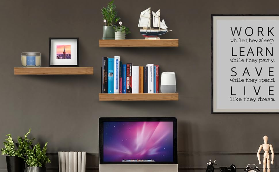 Sorbus Floating Shelf Set — Rustic Wood Hanging Rectangle Wall Shelves