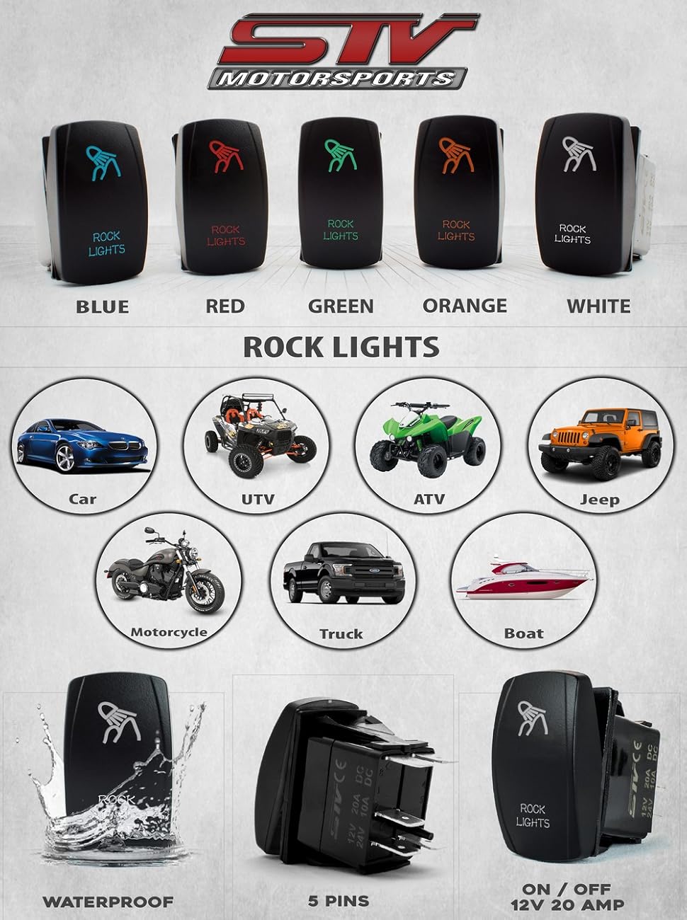 STV Motorsports 5 Pin Laser LED Light ROCK LIGHTS Toggle