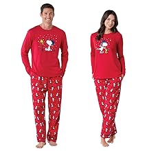 Man and woman wearing Snoopy pjs