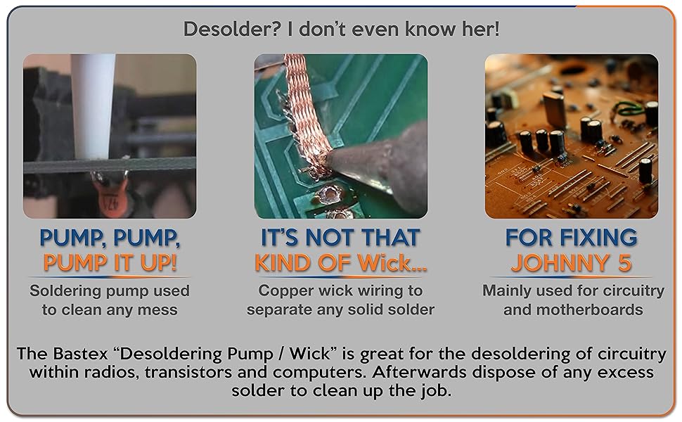 Bastex Desoldering Wick and Pump Vacuum Solder Removal Tool & Solder Braid (2.5mm Width, 1.5m