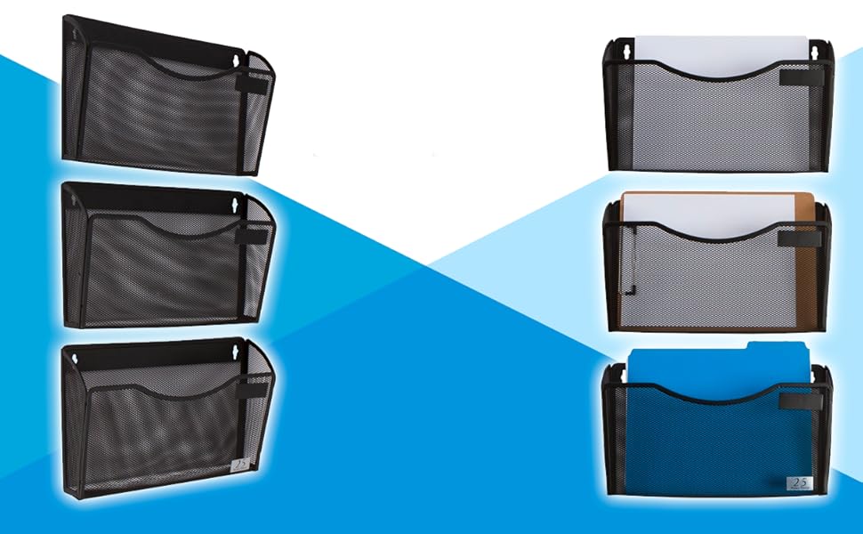 3 Pocket Wall Mount File Hanging Organiser, Metal Mesh Office Home