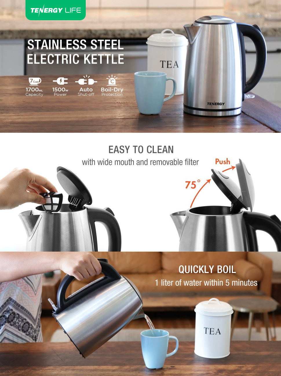 Tenergy Stainless Steel Electric Kettle 1.7L 1500W Fast Boiling Tea Kettle, BPAFree