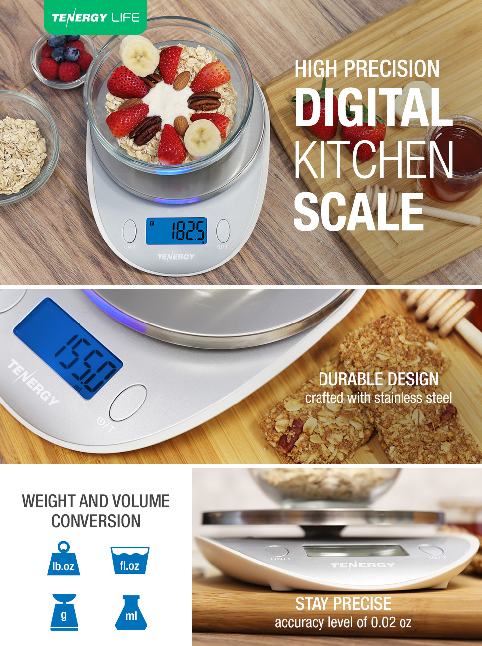 Tenergy High Precision Digital Kitchen Scale, Stainless