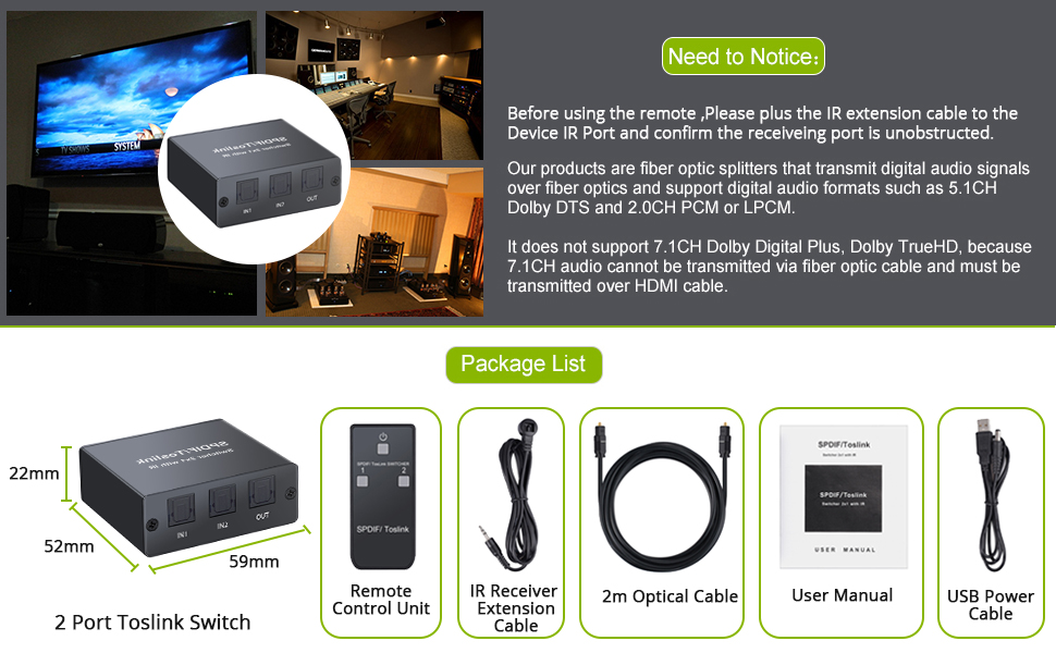 LiNKFOR Toslink Switch, 2X1 Digital Optical Audio Switcher Box with IR