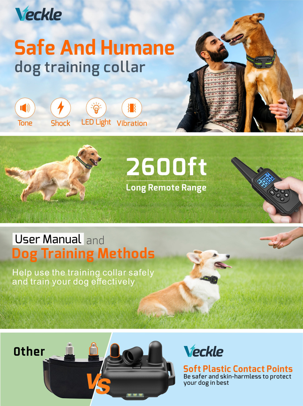 Dog Training Collar, Veckle Waterproof Rechargeable Shock
