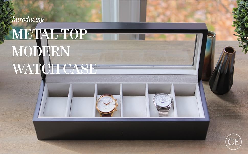 Modern Wooden Watch Box with Brushed Stainless Steel Top