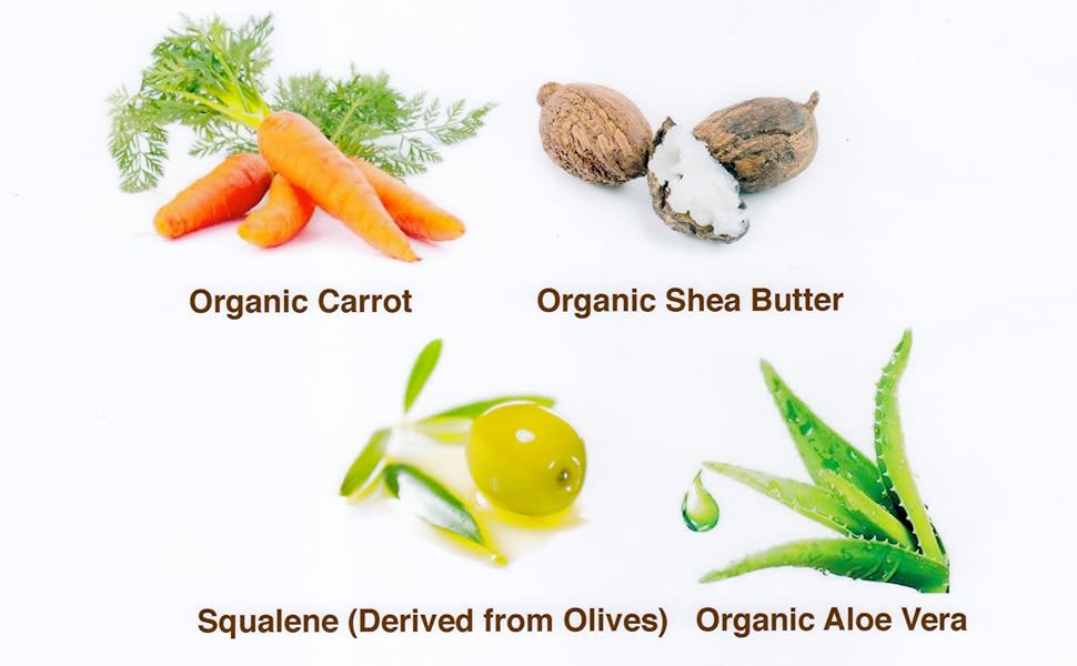 carrot, shea butter, olives, aloe, organic