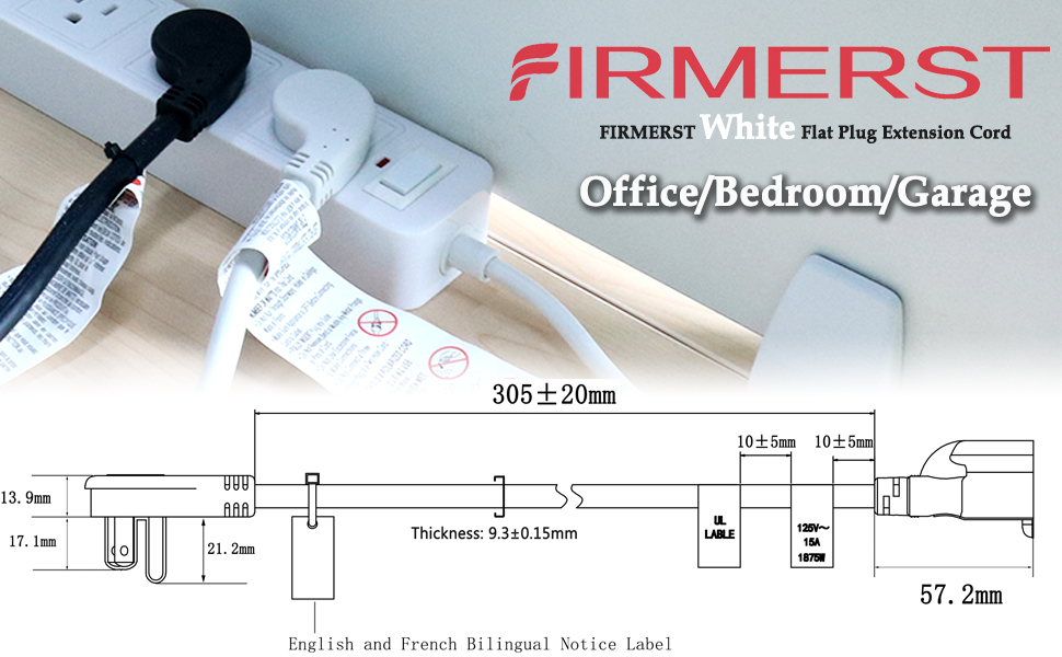 FIRMERST 1875W Low Profile Flat Plug 1ft Extension Cord 14AWG 15A White