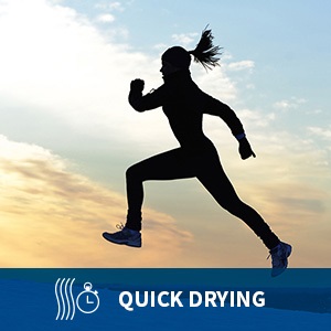 Woman running outside in cold weather in moisture wicking running gloves. Captioned "quick drying"