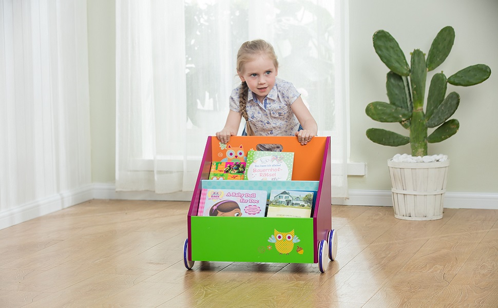 labebe Kid Bookshelf with Wheels, Green Owl Wood Bookshelf