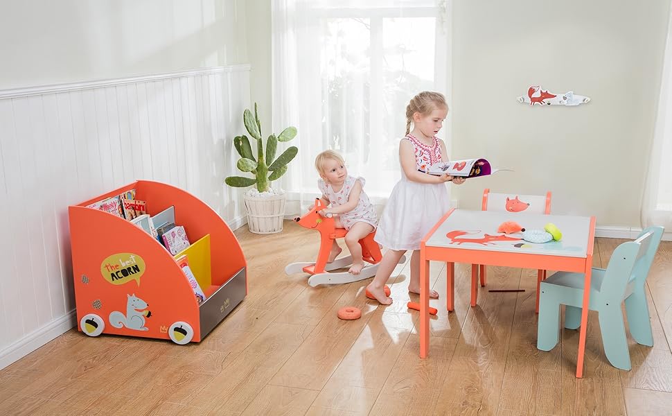 labebe Kid Bookshelf with Wheels, Orange Pine Wood