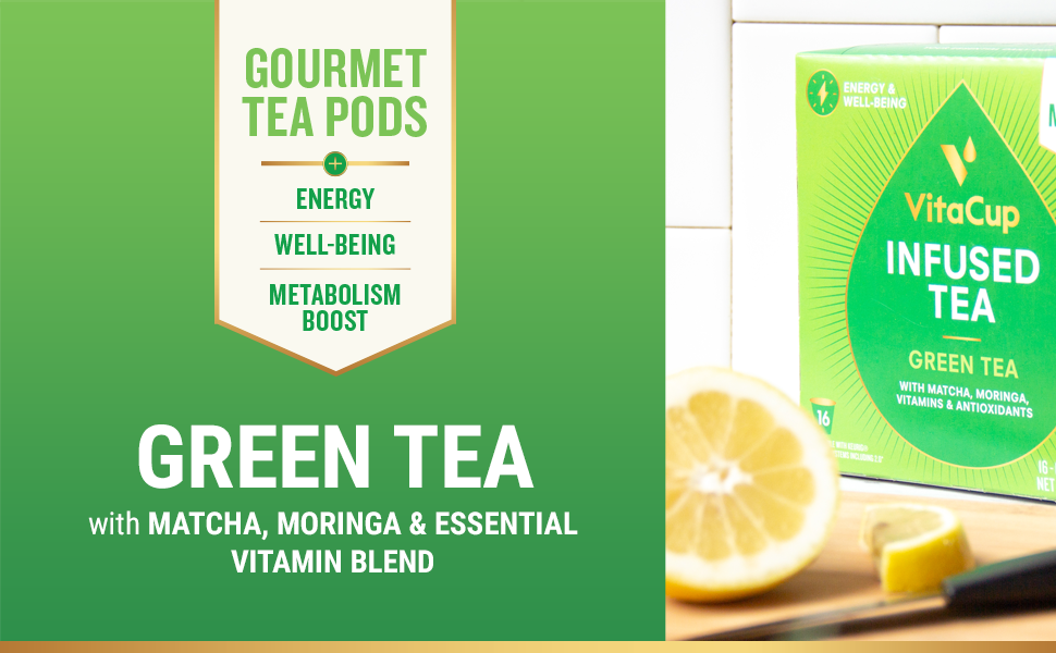 VitaCup Green Tea Pods 16ct with Matcha, Moringa, and