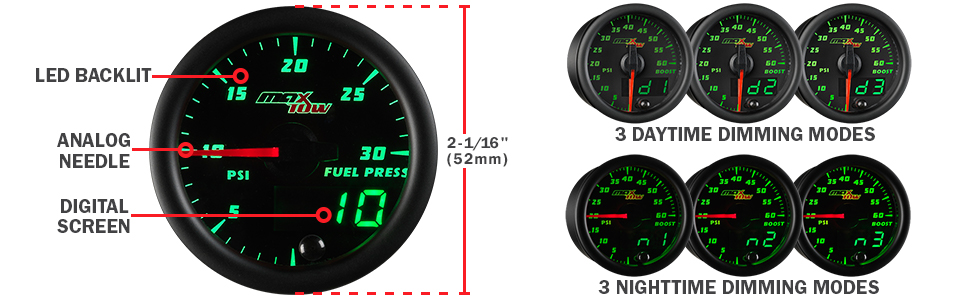MaxTow Double Vision 30 PSI Fuel Pressure Gauge Kit