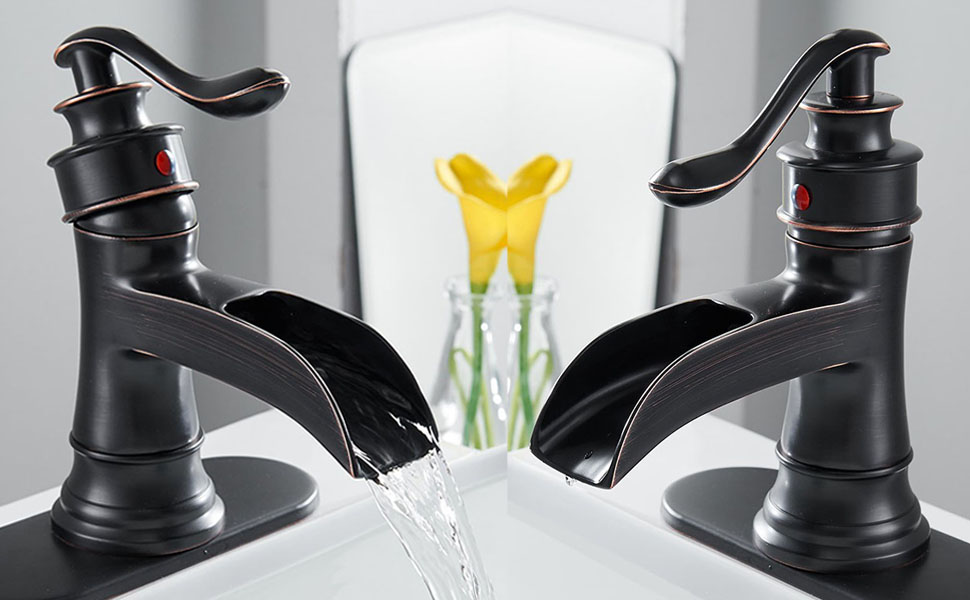 Waterfall Bathroom Faucet Oil Rubbed Bronze Sink with Pop Up Drain Stopper Faucets Single Hole