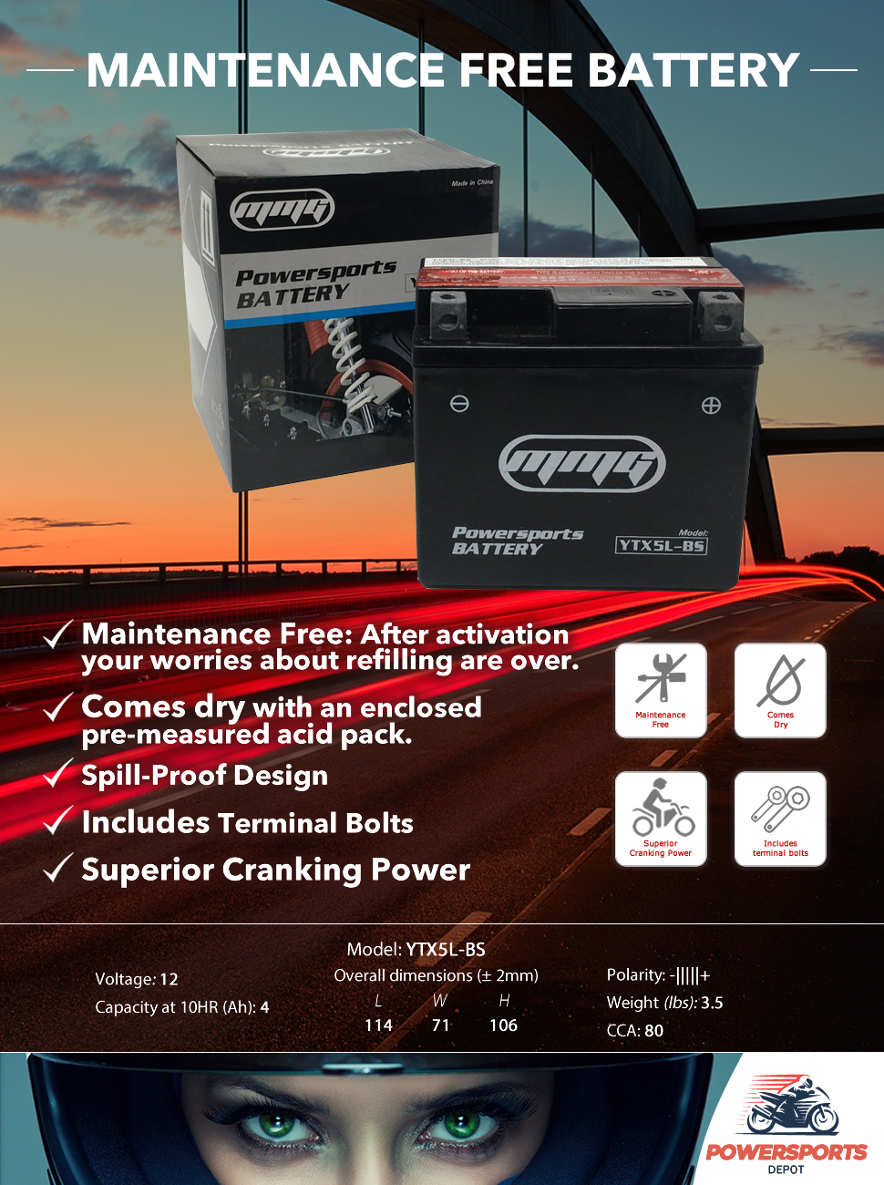 MMG YTX5LBS ATV Battery for Arctic Cat ETon Honda Kasea