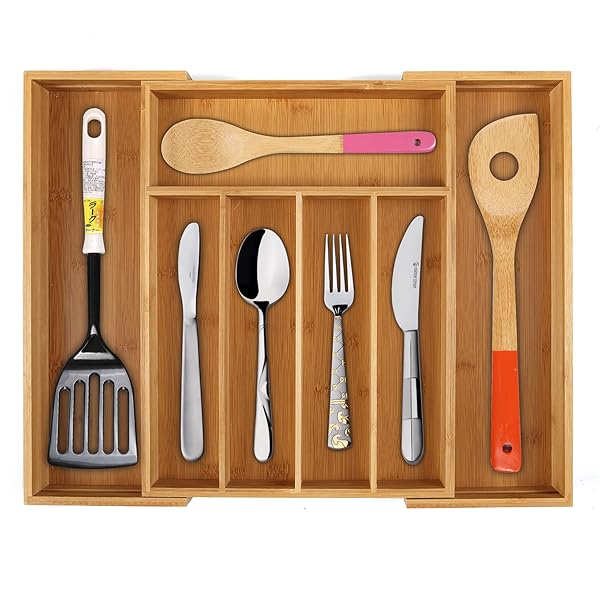 Utoplike Bamboo Expandable Cutlery Organizer Tray Holds Silverware