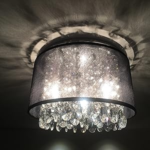 Black Mini Chandeliers Drum Gauze Crystal Modern Ceiling Light Fixture 3-Light for Bedroom Foyer detail