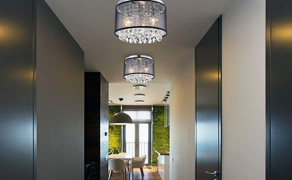 Black Mini Chandeliers Drum Gauze Crystal Modern Ceiling Light Fixture 3-Light for Bedroom Foyer light
