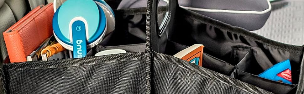 car organization in the black car seat organizer with handle and divided storage compartments