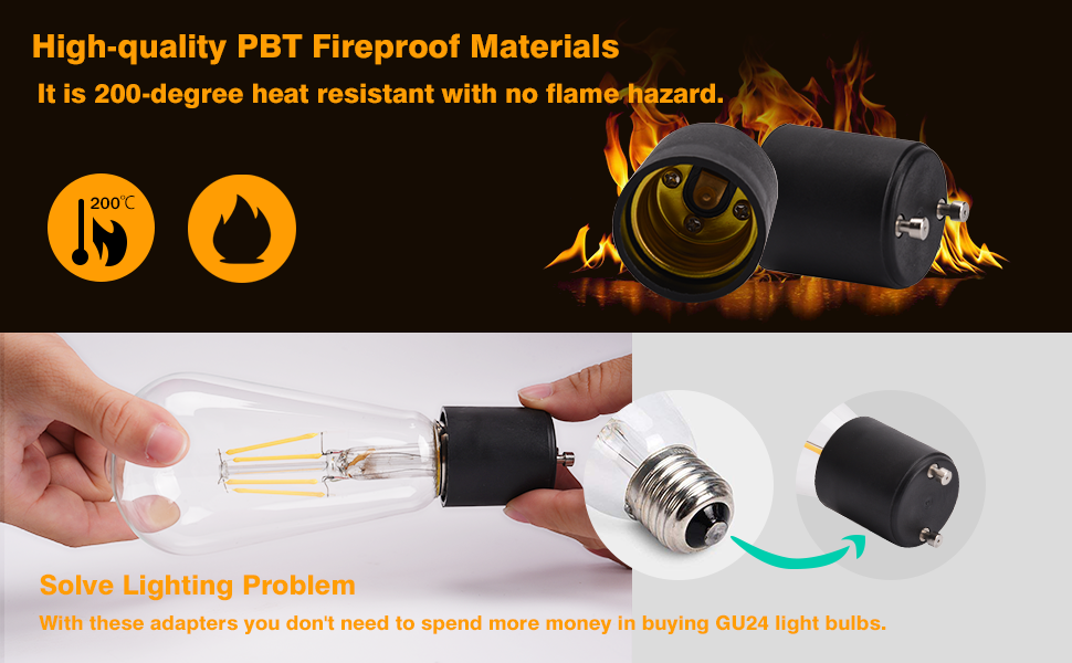 JACKYLED GU24 to E26 E27 Adapter 2pack Heat Resistant Up to 200℃ Fire