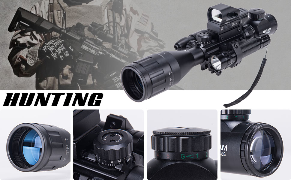 HIRAM 416x50 AO Rifle Scope Combo with Green Laser, Reflex Sight, and