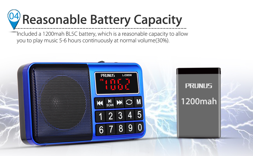 PRUNUS L429 Portable AM FM Radio Rechargeable Battery