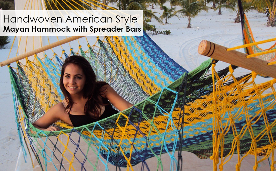 Amazon Com Sunnydaze American Style Mayan Hammock With Spreader Bars Hand Woven Cotton Nylon Hammock For Backyard Patio 660 Pound Capacity Multi Color Kitchen Dining