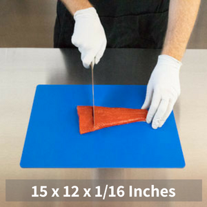 Blue cutting board mat for cutting fish or seafood in a commercial kitchen 15 by 12 1/16 inches
