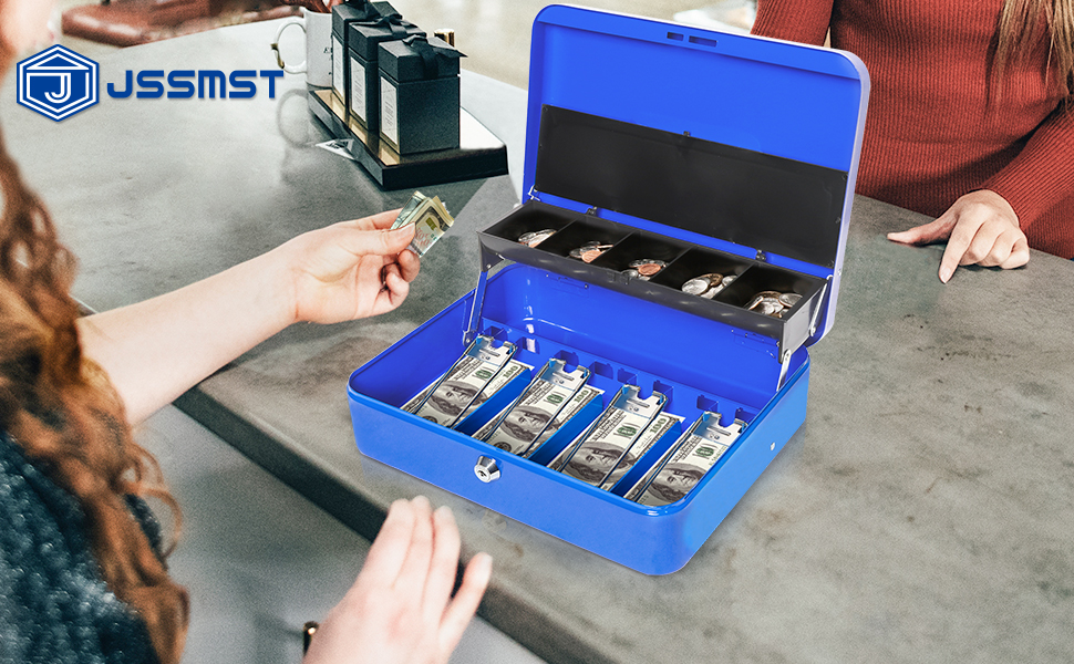 Jssmst Locking Large Metal Cash Box with Money Tray, Lock