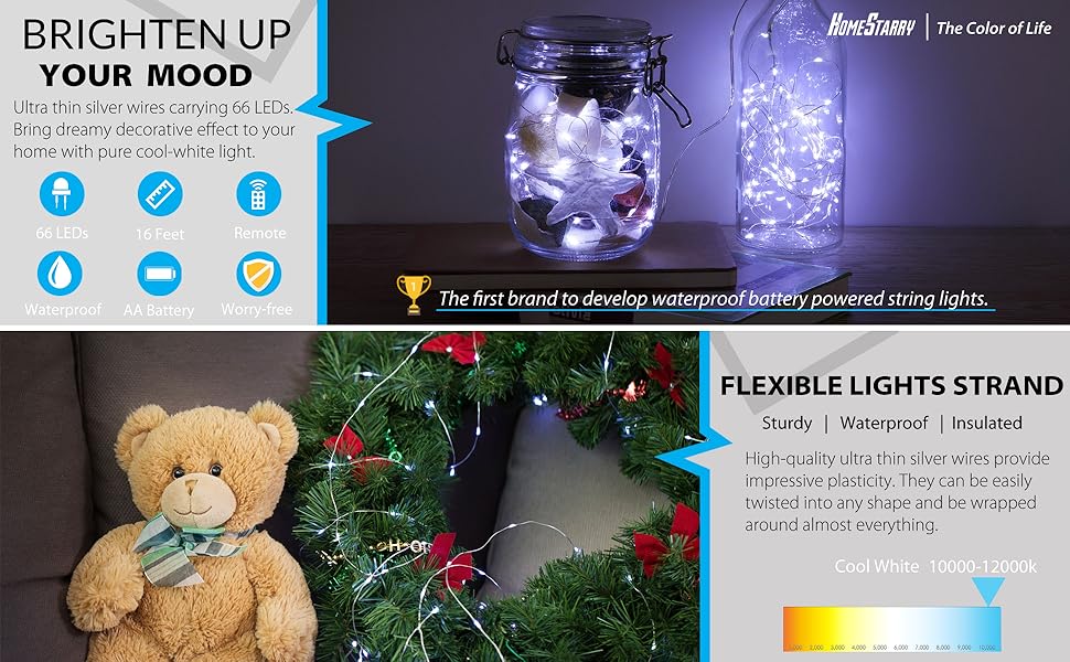 2 Pack String Lights, Battery Operated 66 LED 16.4FT