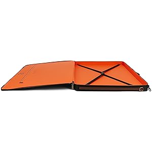 Easy to store artwork documents in 180 degree opening art portfolio with cross strap to secure art