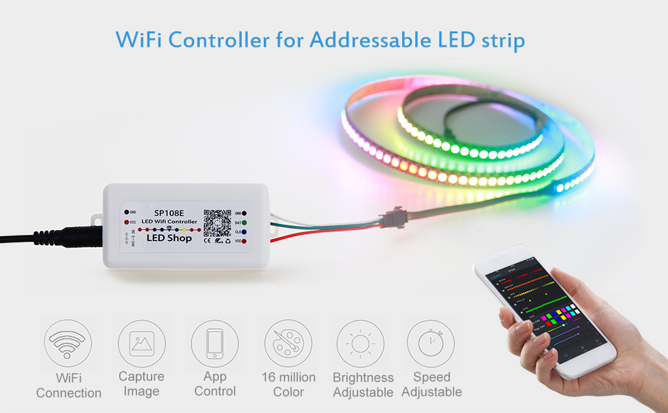 WS2812B WS2811 WS2801 Addressable LED Strip WiFi Controller iOS Android App Remote Control SP108E 01
