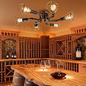 6 Lights Industrial Cage Pipe Pendant Light-LITFAD Retro