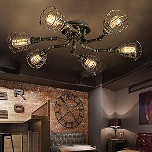 6 Lights Industrial Cage Pipe Pendant Light-LITFAD Retro
