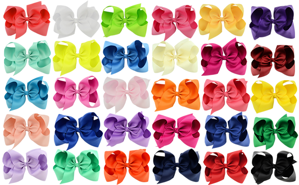 30pcs Big 6" Hair Bows Clips Solid Color Grosgrain Ribbon