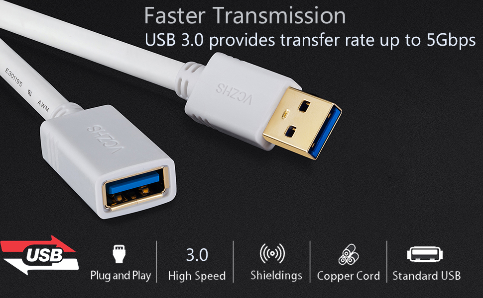 USB 3.0 Extension Cable 10 ft White, VCZHS USB Extender USB