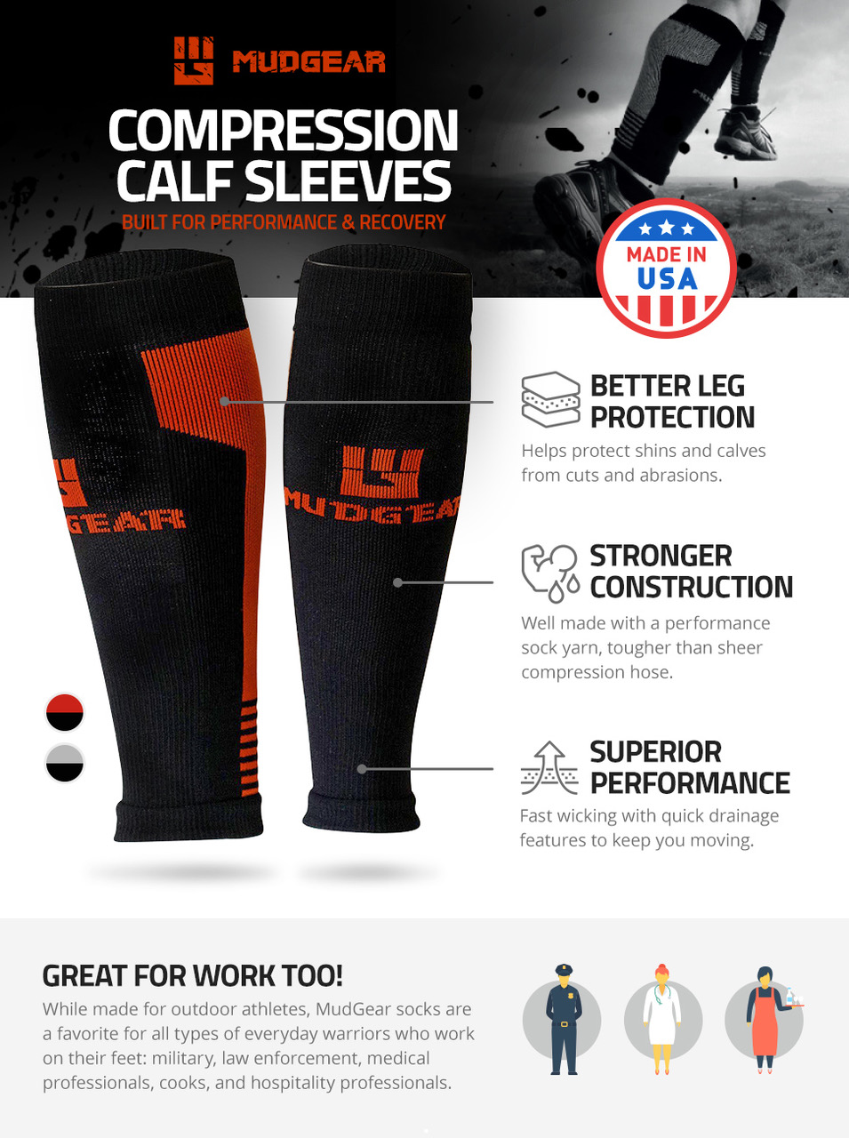 MudGear Compression Calf Sleeves Graduated Performance for Running, Sports