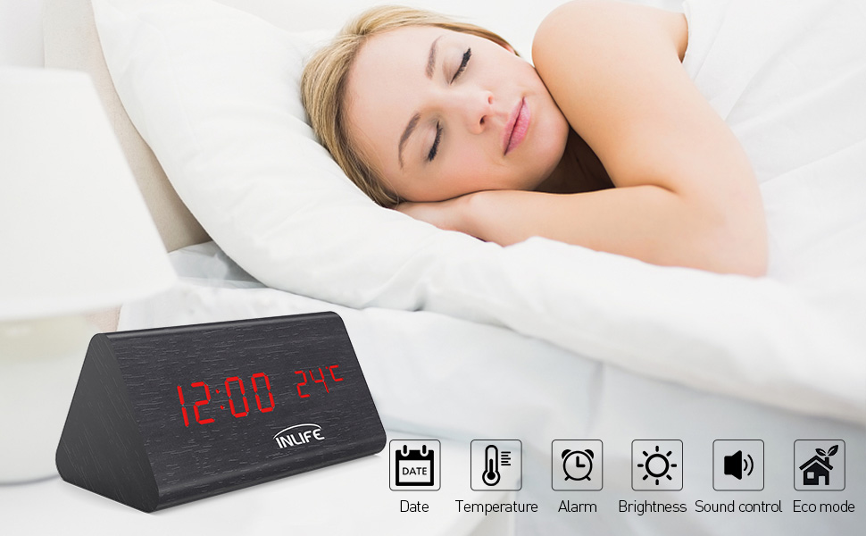 INLIFE Wooden Alarm Clock Digital LED Desk Clock with Time