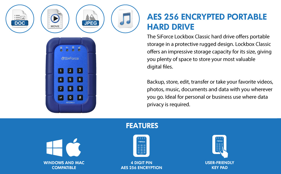 SiForce Lockbox Classic Encrypted Portable External Hard