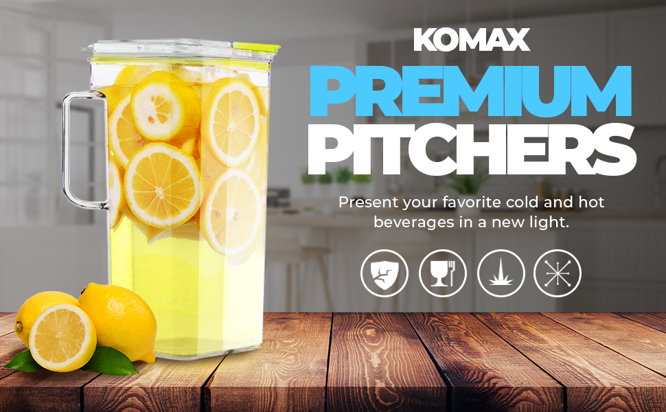 Komax Tritan Plastic Pitcher With Lid 2quart (64oz) Compact Water Pitcher With Green Lid