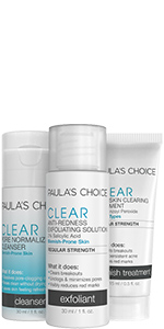 3-step CLEAR Travel Kit with Cleanser, Anti-Redness Exfoliant and Daily Skin Clearing Treatment.