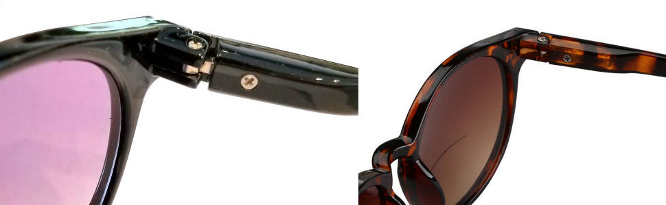Bifocal reading sunglasses with reinforced spring hinges for maximum comfort