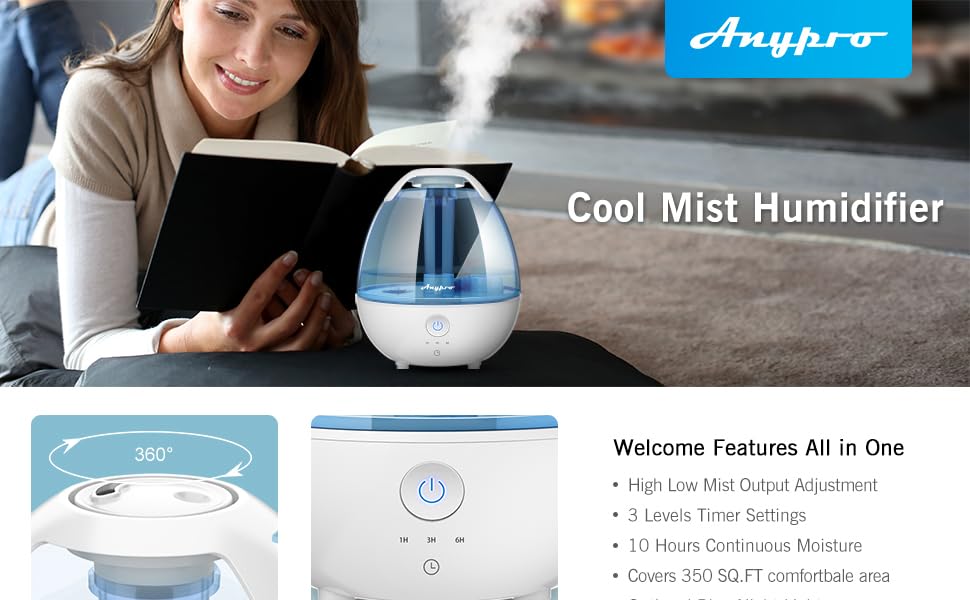 Anypro Cool Mist Humidifiers, 2 Liter Ultrasonic Humidifier