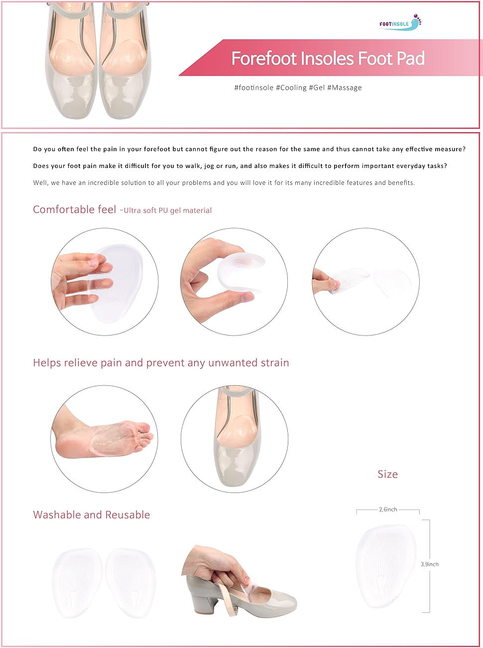 footinsole Forefoot Insoles Cooling Gel Foot Pad (4 Cushion