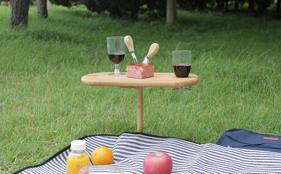 INNOSTAGE Picnic Wine Table, Portable and Foldable Bamboo Snack Table for Picnic
