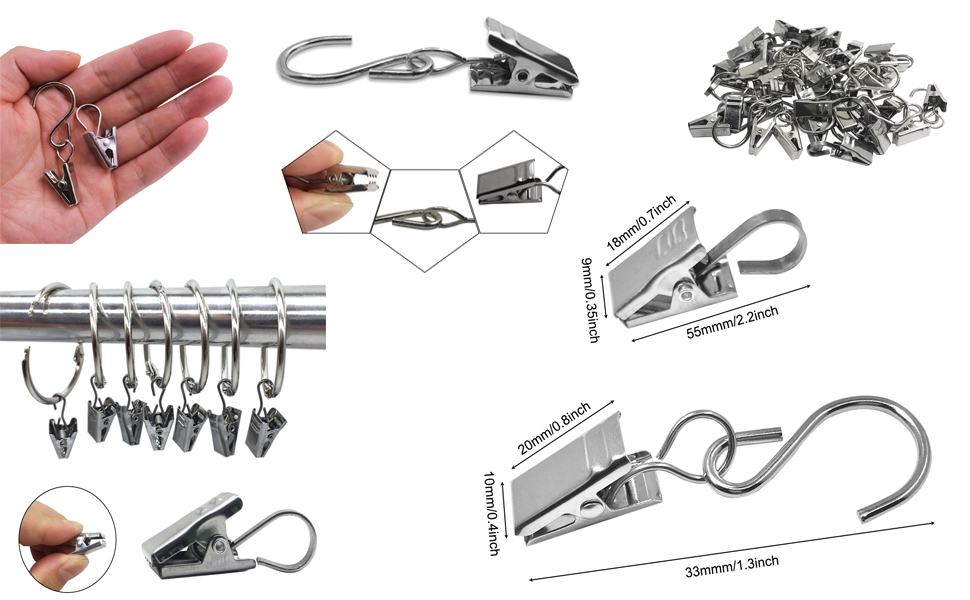 AFUNTA 50 PCS Stainless Steel Shower Curtain Clip with Hooks, 20 PCS Hanger Clips