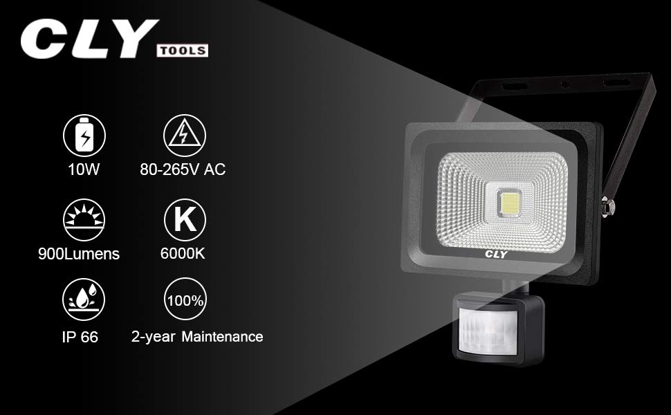 CLY Motion Sensor LED Flood Light,900 Lumens Cool White,10W Waterproof