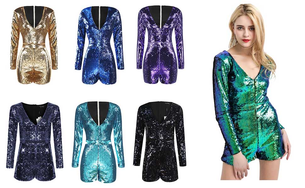 IRISIE Women Long Sleeve V Neck Sequin Bodycon Party Romper