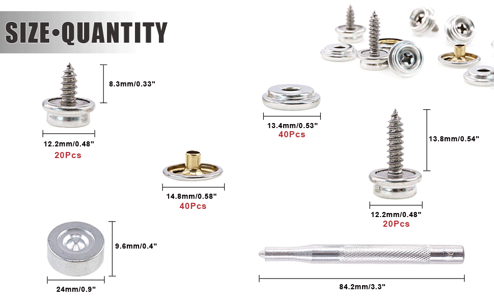 Hilitchi 120Pcs Silver [2Sizes] Fastener Screw Snaps Marine Grade 3/8" Socket with